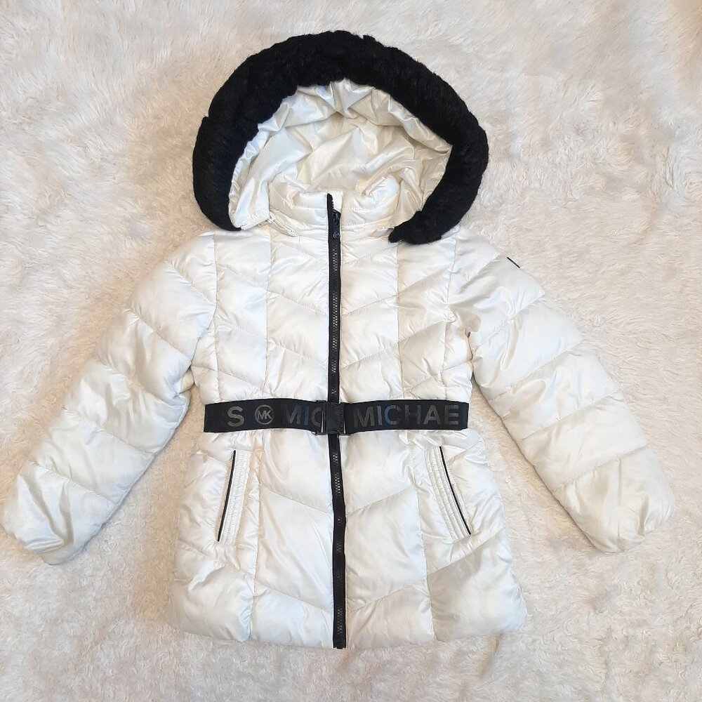Michael Kors Girls Belted Medium-Length Hoodie Puff Jacket Size 8X